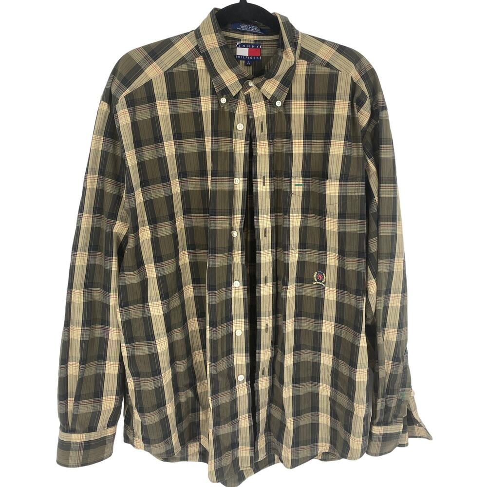Vintage Tommy Hilfiger Mens L Large Green Tartan Plaid Check Cotton Button Down